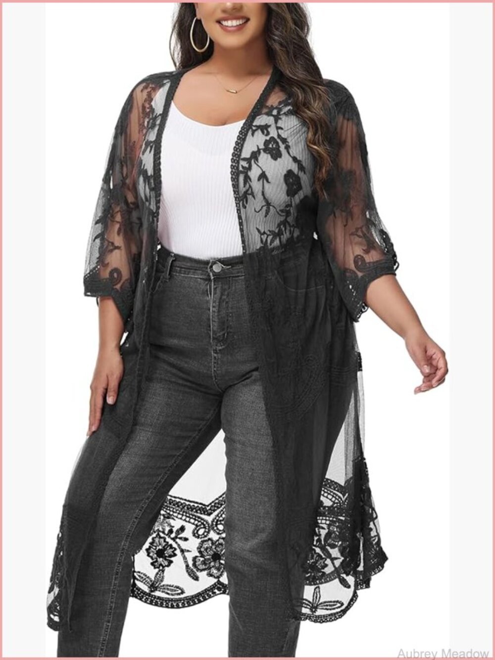 Plus Size Lace Cardigan Embroidered Long Kimono Dusters Half Sleeves